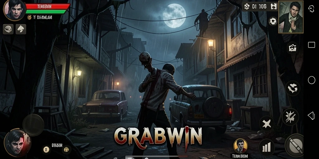 Screenshot gameplay GRABWIN menampilkan suasana Horror yang mencekam.