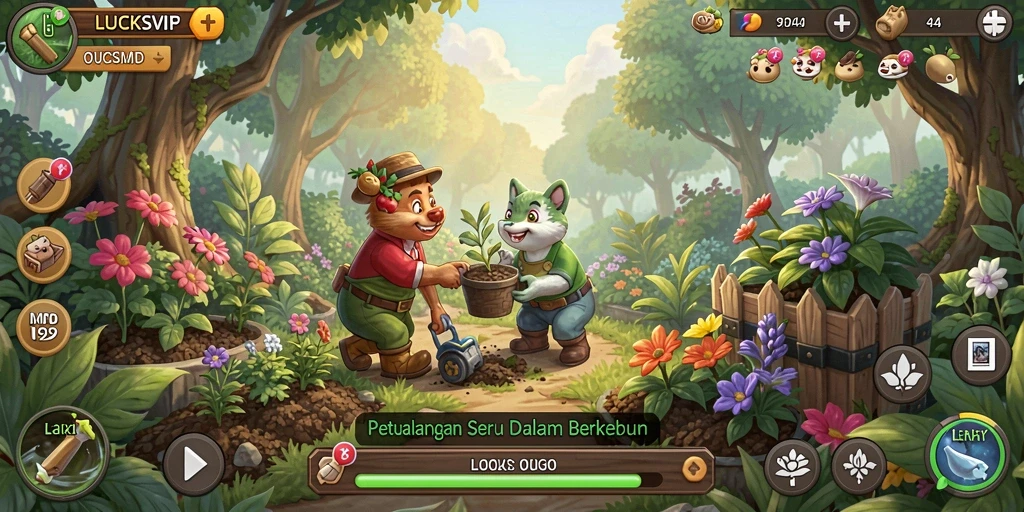 Screenshot gameplay LUCKSVIP menunjukkan ladang yang subur dan tanaman yang berkembang.