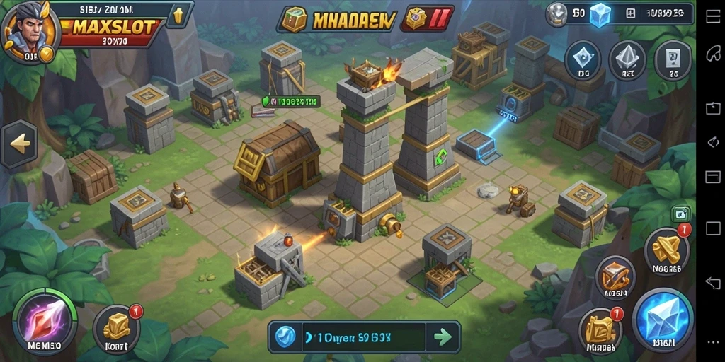 Tampilan gameplay MAXSLOT yang menunjukkan strategi Tower Defense.