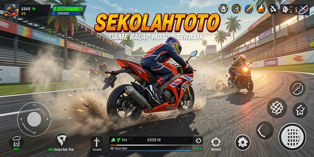 Screenshot gameplay SEKOLAHTOTO dengan aksi balap motor yang seru.
