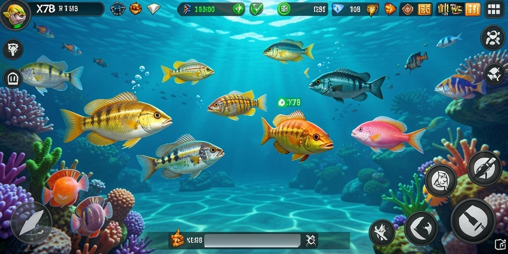 Screenshot X78 menampilkan aksi menembak ikan yang seru dan menarik.